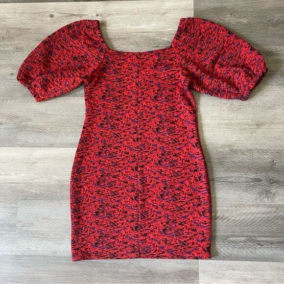 Free People Bodycon Dress Jacquard Red Statement Sleeves Stretch Small - Picture 6 of 10